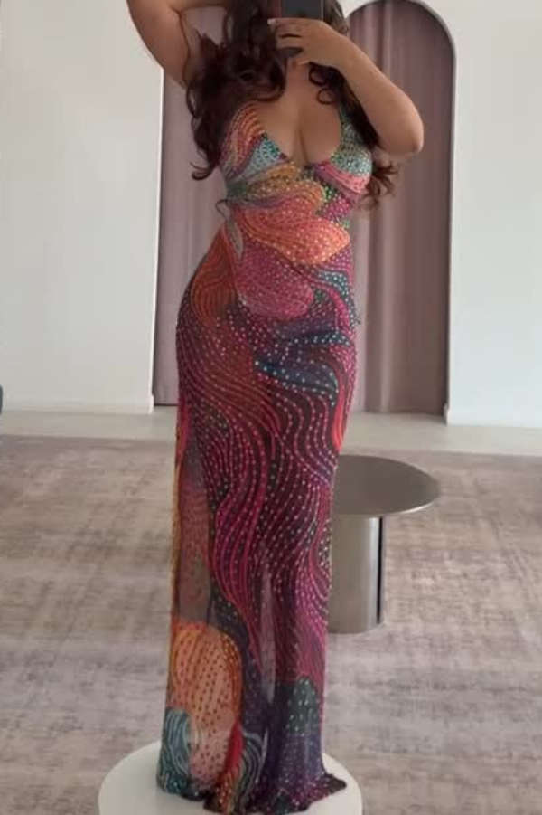 Fashionable Colorful Printed Sleeveless Halter Neck Slim-fit Maxi Dress