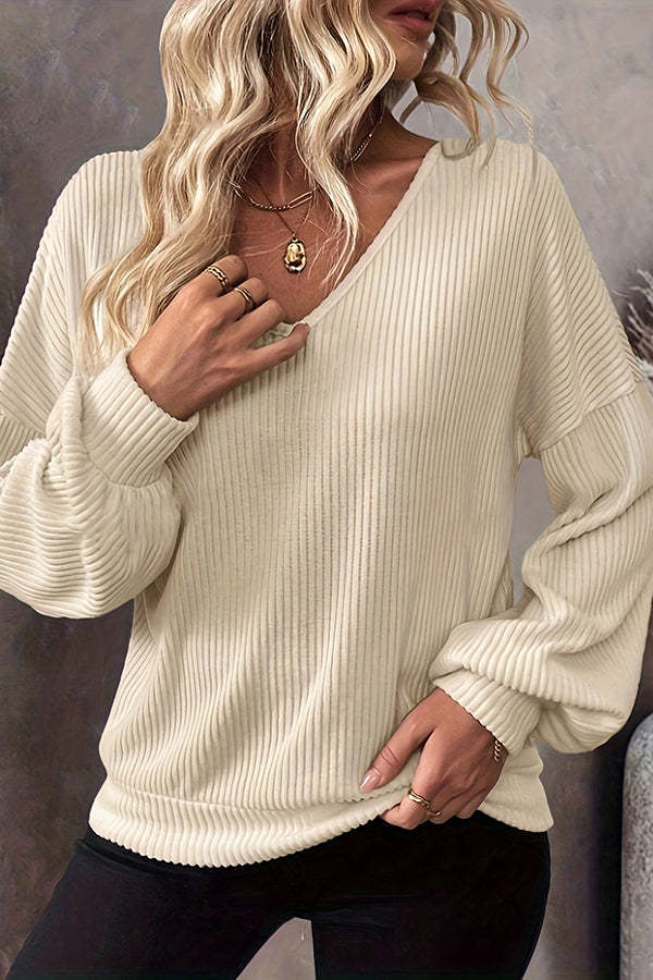 Solid Color Loose V-neck Long-sleeved Elegant Bow Knit Top-consonak