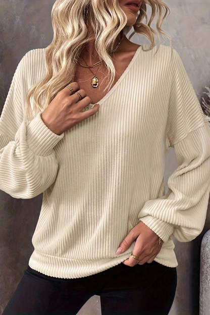 Solid Color Loose V-neck Long-sleeved Elegant Bow Knit Top-consonak