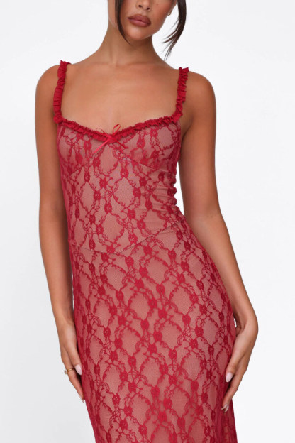 Stylish Plaid Camisole Lace Slim-fit Elegant Midi Dress-consonak