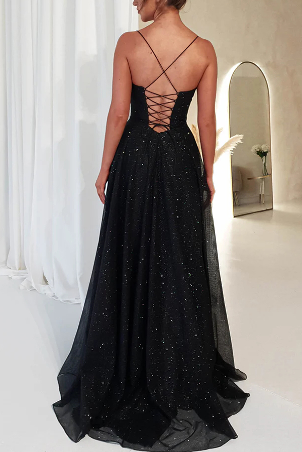 Cinderella Glitter Tulle Fabric Cowl Neck Back Lace-up Pocketed Slit Maxi Dress-consonak