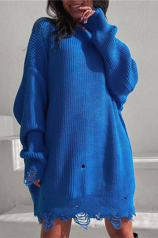 Solid Color Loose Ripped Knitted Mid-length Sweater-consonak