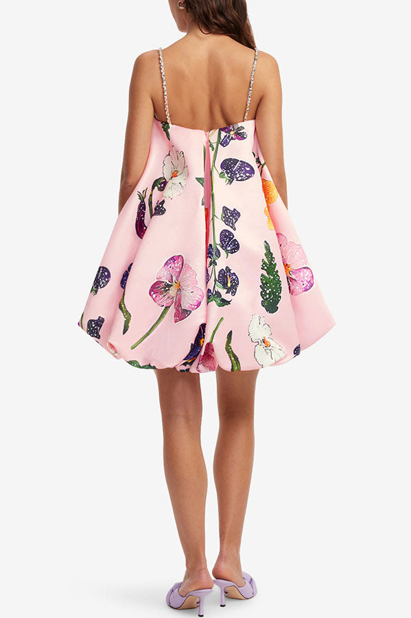 Whimsical Charm Wildflowers Print Embellished Shoulder Straps Bubble Hem A-line Mini Dress-consonak