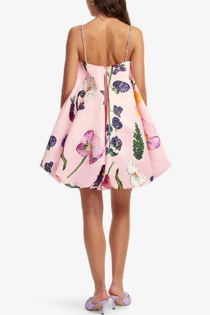 Whimsical Charm Wildflowers Print Embellished Shoulder Straps Bubble Hem A-line Mini Dress