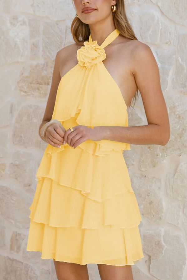 Solid Color Chiffon Halter Neck Backless Layered Ruffle Mini Dress-consonak