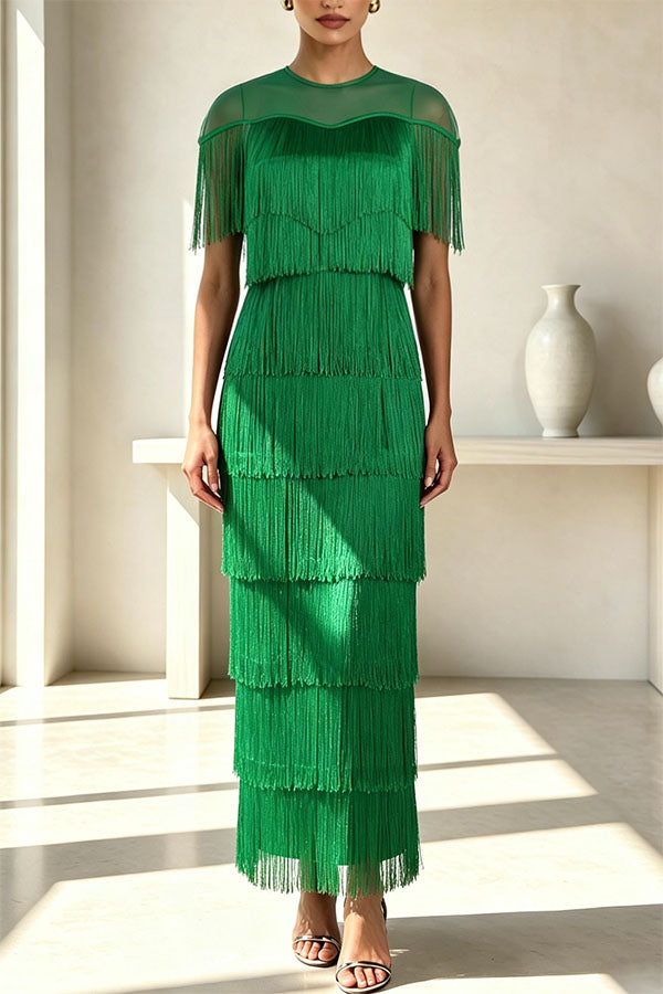 Elowyn Mesh Tiered Tassel Patchwork Round Neck Cape Sleeve Midi Dress-Consonak