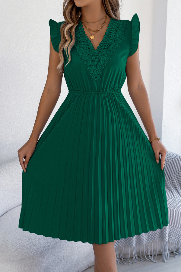 Solid Color V-neck Lace-trimmed Sleeveless Casual Pleated Midi Dress-consonak