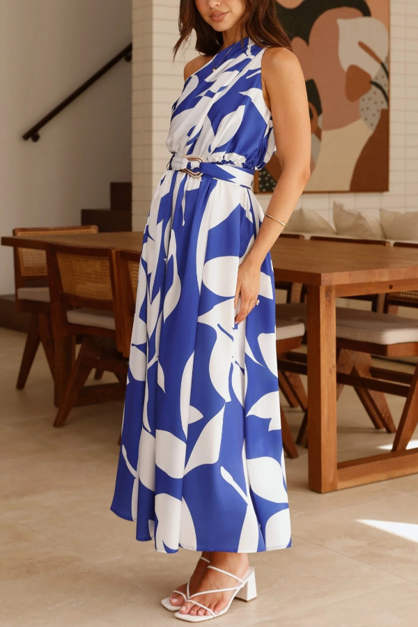 Unique Printed One-Shoulder Belt Casual Holiday Maxi Dress