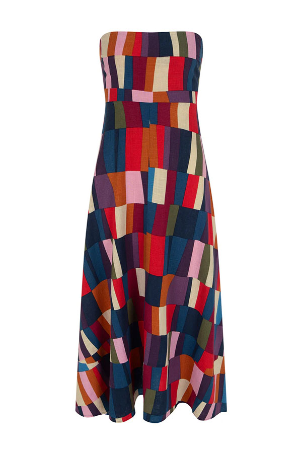 Retro Chic Linen Blend Colorful Color Block Strapless Back Smocked Midi Dress | Consonak