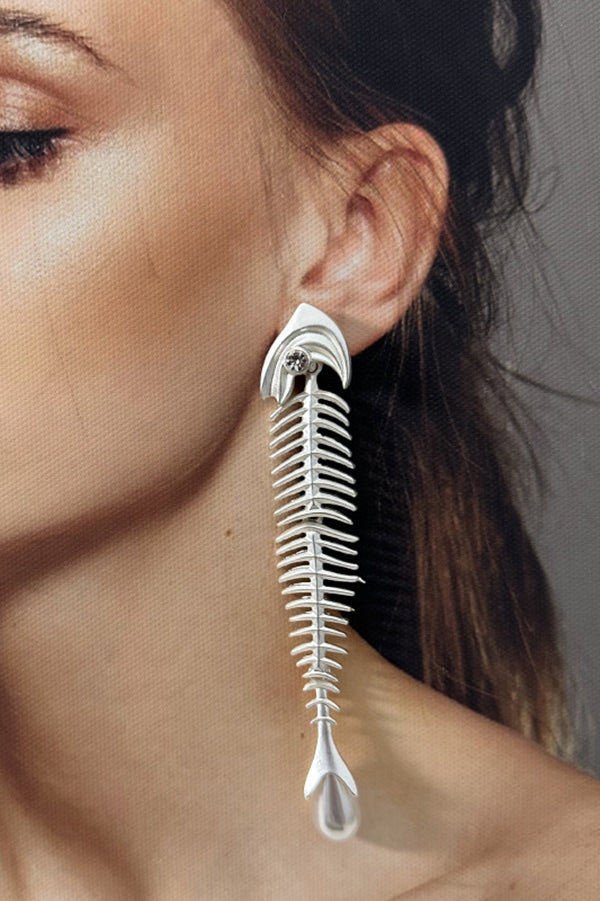 Personalized Fishbone Diamond Pearl Pendant Earrings-consonak