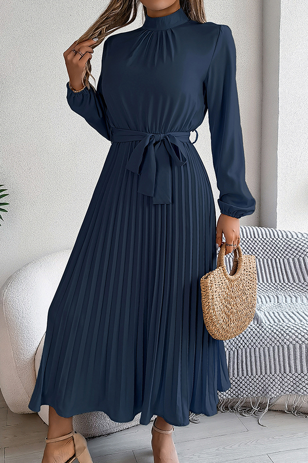Elegant Stand-collar Long-sleeve Waisted Tie-up Pleated Midi Dress-consonak