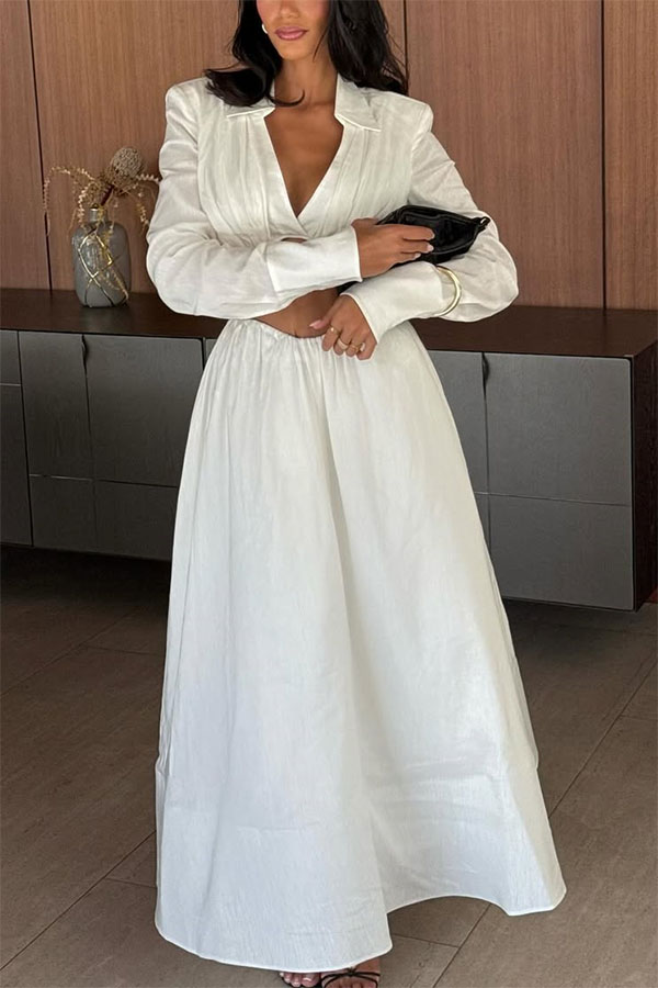 Greta Linen Blend Bra-style Gathered Long Sleeve Crop Shirt and Mid Rise Pocket Umbrella Skirt Set-consonak