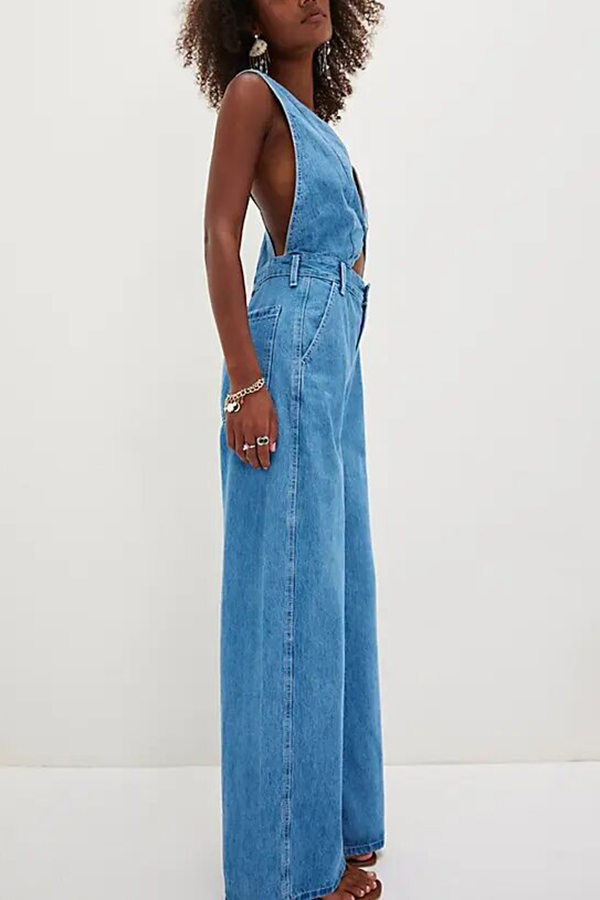 Bold Design Denim Vest-inspired Bodice Crisscross Strap Pocket Loose Jumpsuit | Consonak