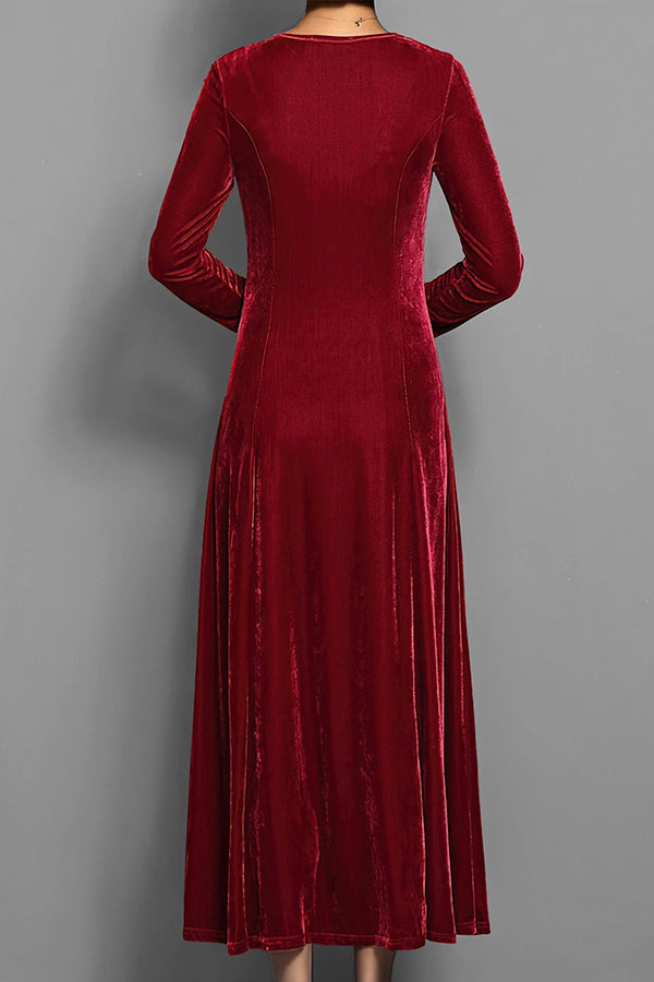 Solid Color Velvet Round Neck Long Sleeve Slim Midi Dress-consonak