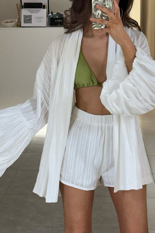 Solid Color Loose Long-sleeved Tie-front Top and Elastic Waist Casual Shorts Set-consonak