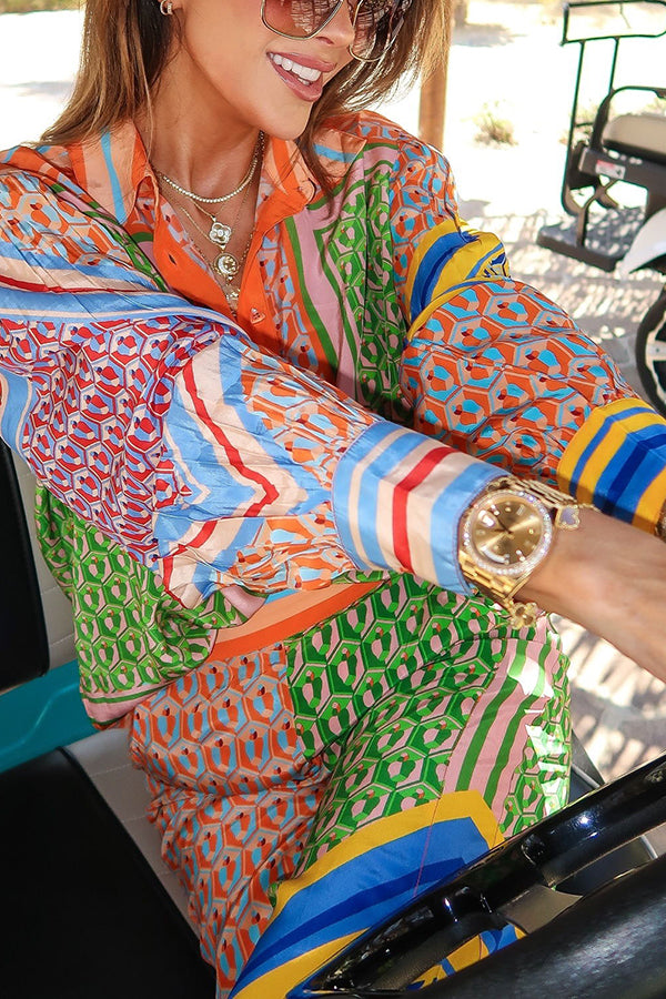 Brazil's Joyful Spirit Colorful Unique Print Balloon Sleeve Button Loose Shirt-consonak