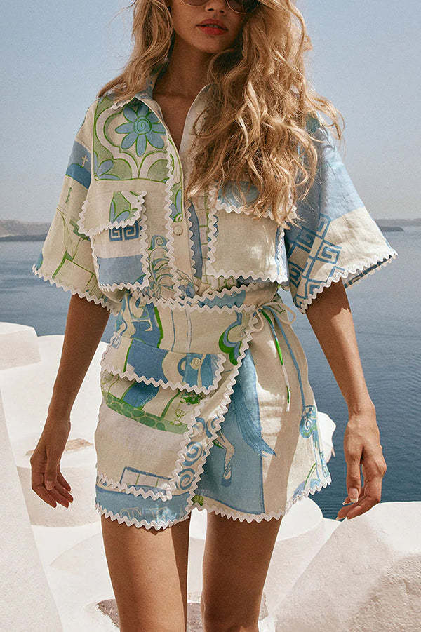 Pierre Linen Blend Ric Rac Trims Unique Print Short Sleeve Shirt and Wrap Tie-up Mini Skirt Set-consonak