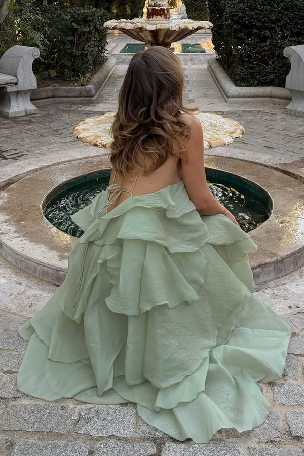 Romantic Summer Chiffon Tiered Ruffle Deep V-Back Halter A-line Maxi Design | Consonak