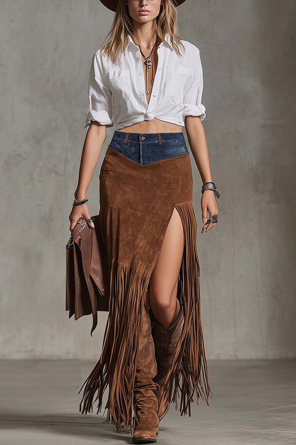 Fashionable Denim Suede Patchwork Spliced slit Fringed Hem Extra-long Midi Skirt-consonak