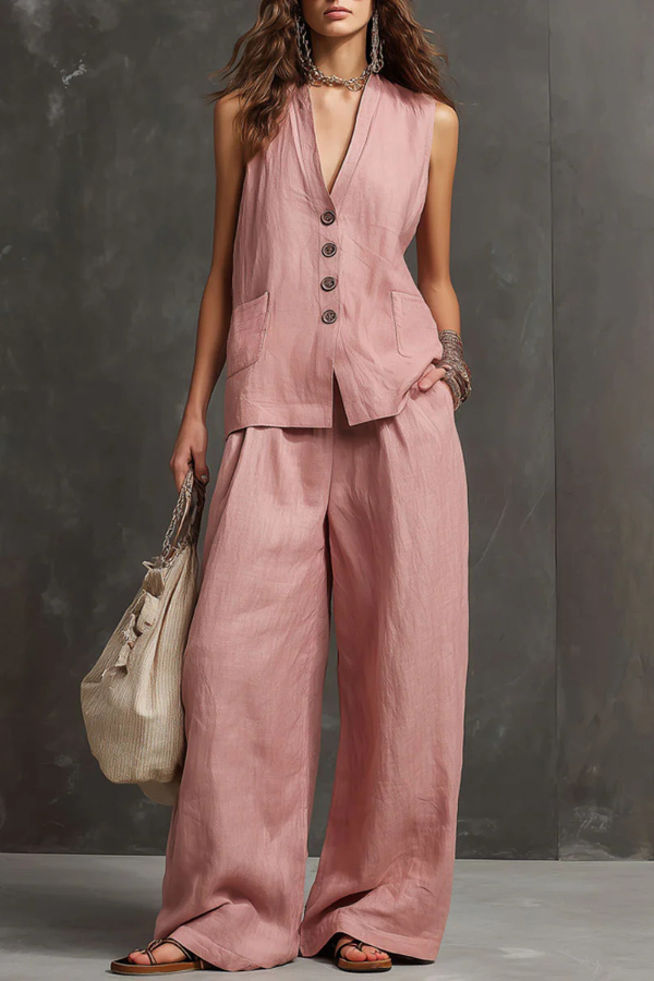 Linen Blend V-neck Sleeveless Button-down Vest and Casual Elastic Waist Pocket Wide-leg Pants Set-Consonak