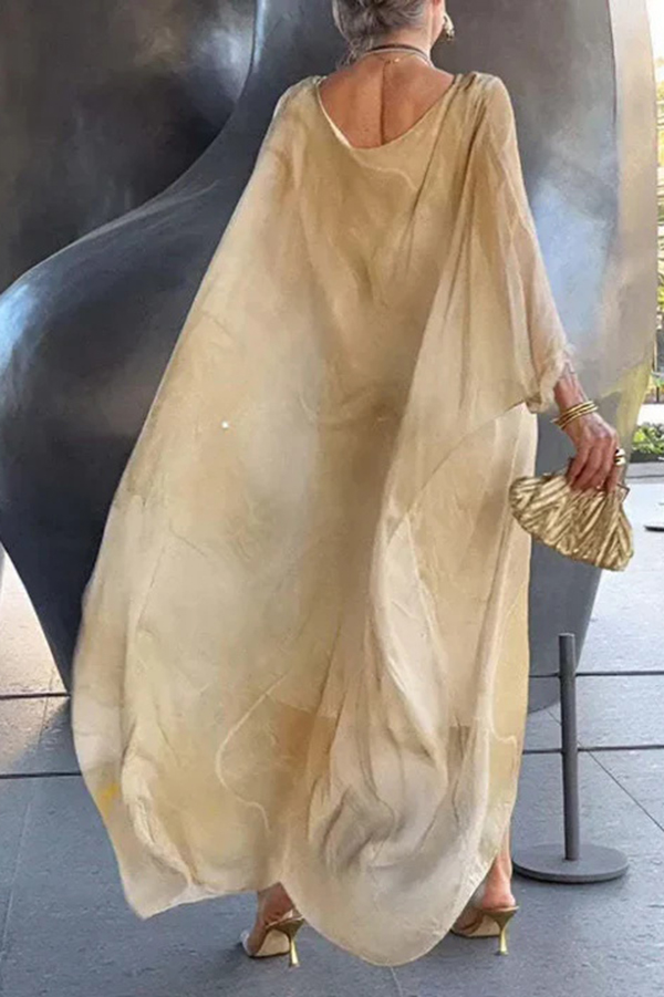 Unique Printed Crew Neck Loose Resort Style Maxi Dress-consonak