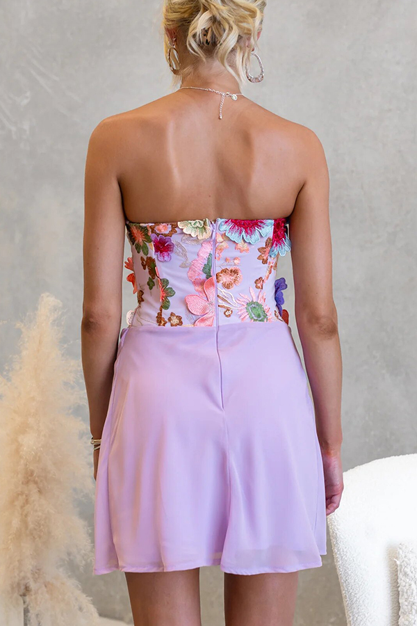 Marigold Charm Embroidered 3D Flowers Chiffon Hem Strapless Mini Dress