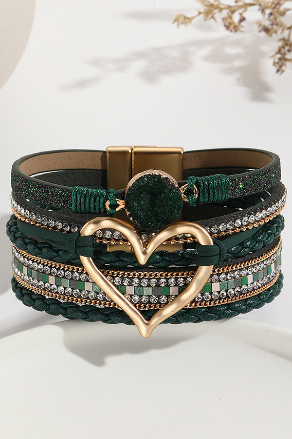 Bohemian Leather Cord Multi-layered Raw Stone Heart Bracelet | Consonak