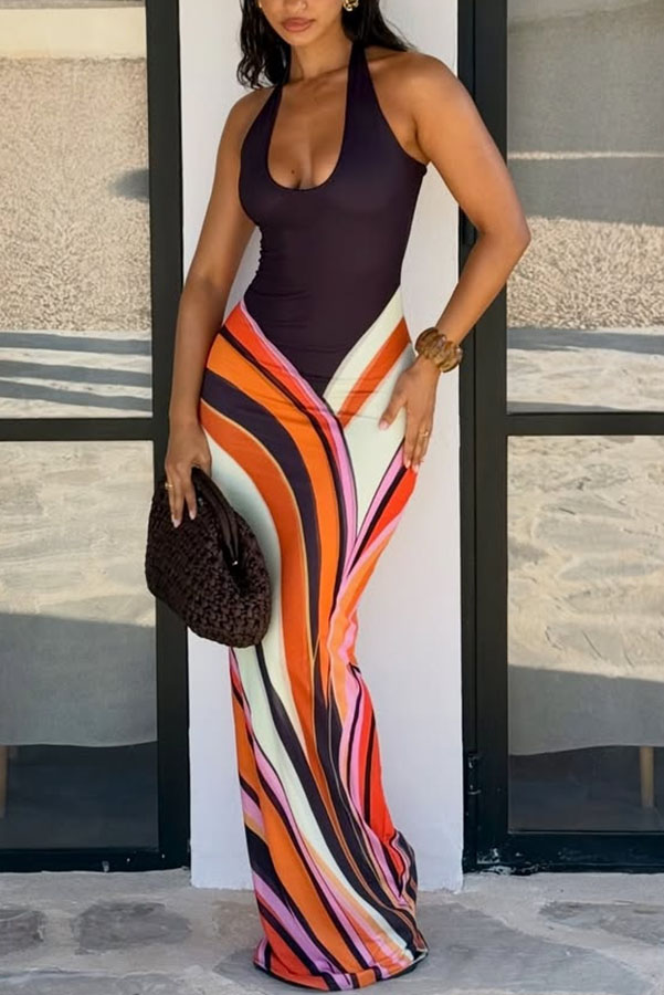 Summer Newness Colorblock Swirl Print Halter Neck Stretch Maxi Dress | Consonak