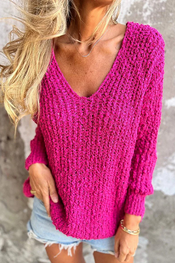Solid Color V-neck Long-sleeved Loose Knitted Sweater-consonak