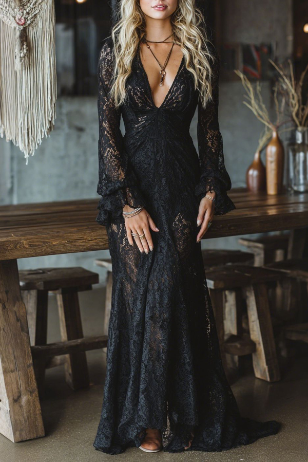 Fashionable Lace V-neck Long-sleeved Elegant Slim-fit Maxi Dress