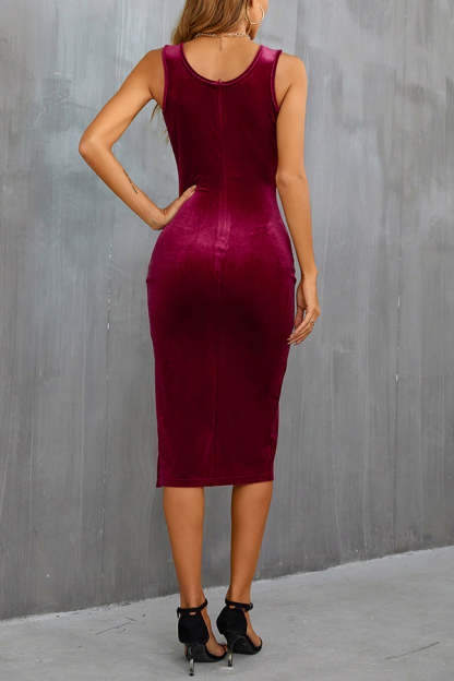 Solid Color Velvet Square Neck Slim Fit Slit Midi Dress-consonak