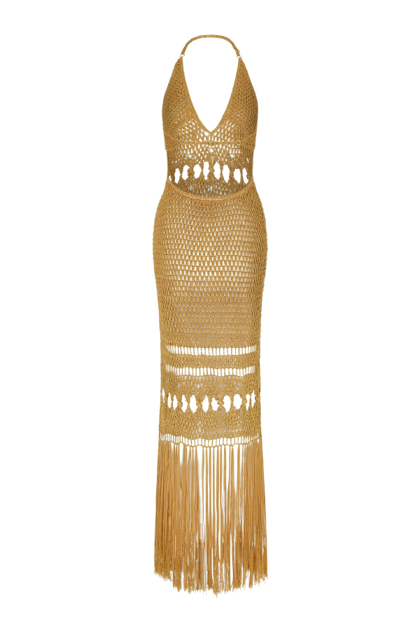 Fashionable Open-knit Backless Elegant Tassel Hem Vacation Cover-up Maxi Dress-consonak