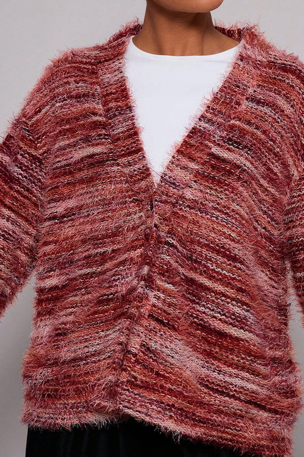 Fashionable Mixed Color Loose V-neck Casual Knit Cardigan-consonak