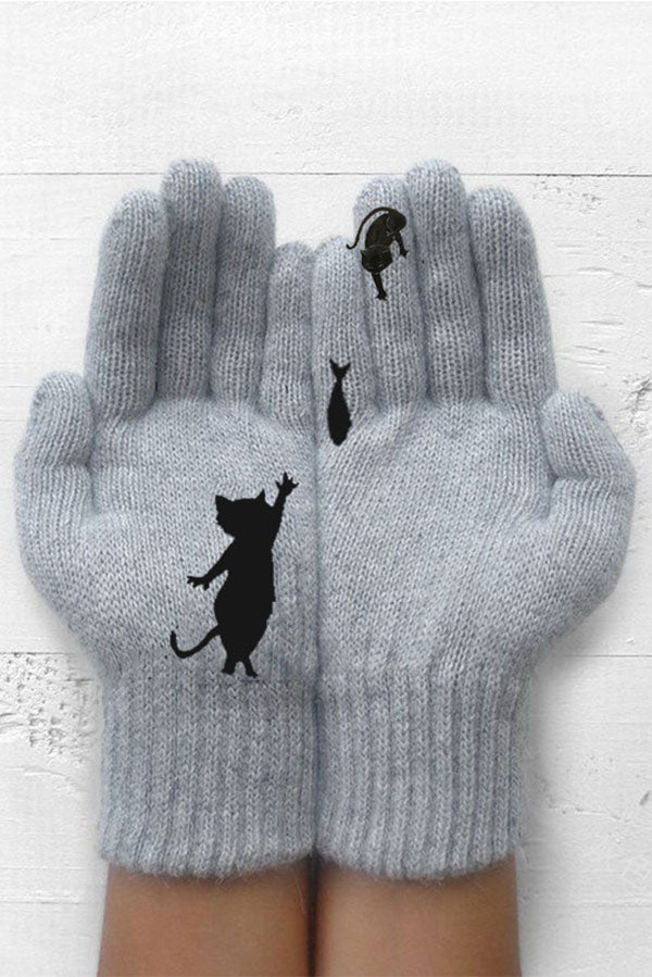 Printed Knitted Gloves Short Thickened Warm Finger Gloves-Cat-consonak