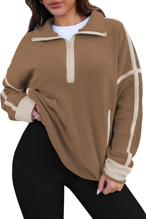 Stylish Color-blocked Trim Loose Casual Pocket Sweatshirt-consonak
