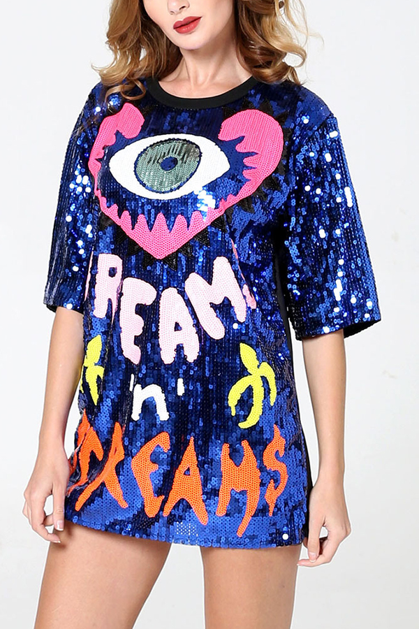 Love Eyes Letters Sequined Round Neck Short Sleeve Mid-Length Loose T-Shirt | Consonak