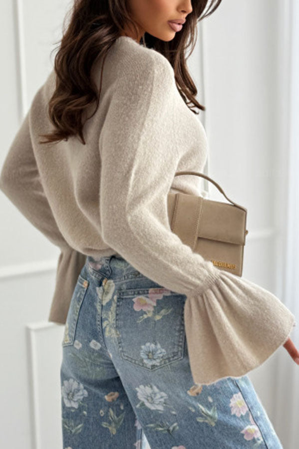 Spring Calling Knit Crew Neck Long Bell Sleeve Relaxed Sweater-consonak