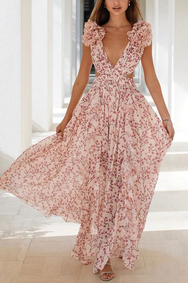 Lost in The Melody Chiffon Printed Flutter Sleeve Cutout Back Lace-up Maxi Dress-consonak
