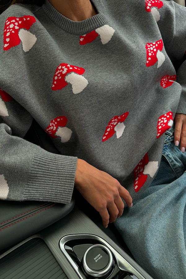 Mushroom Pattern Casual Loose Round Neck Knitted Sweater-consonak