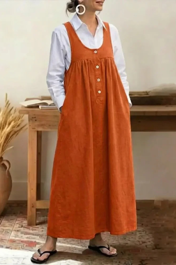 Solid Color Loose Sleeveless Button Pocket Casual Maxi Dress