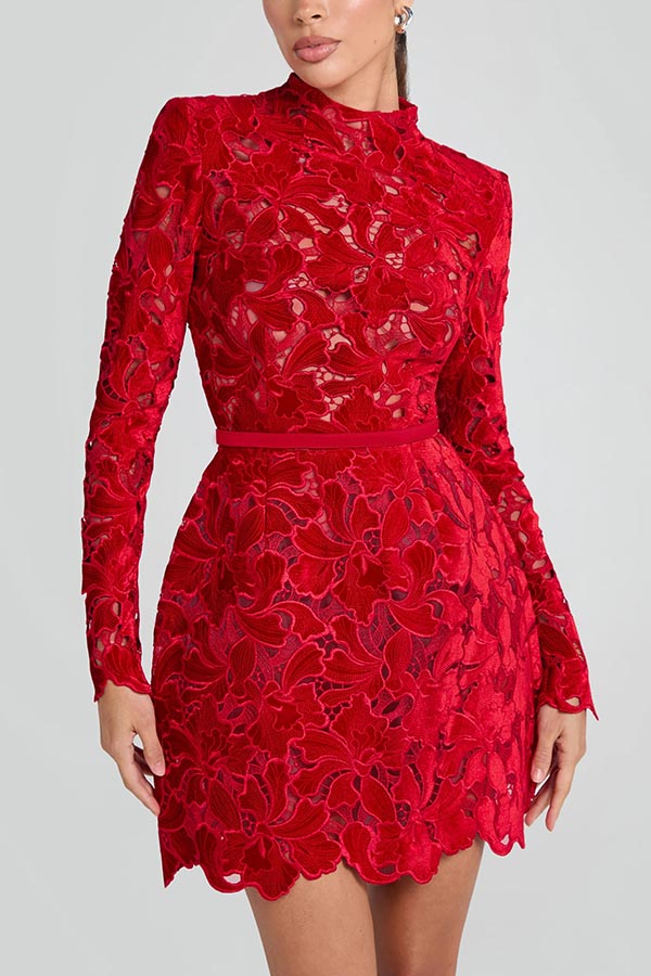 Lydia Embroidered Floral Lace Long Sleeve Belt Tulip Shaped Mini Dress | Consonak