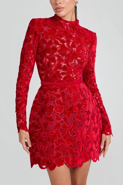 Lydia Embroidered Floral Lace Long Sleeve Belt Tulip Shaped Mini Dress-consonak