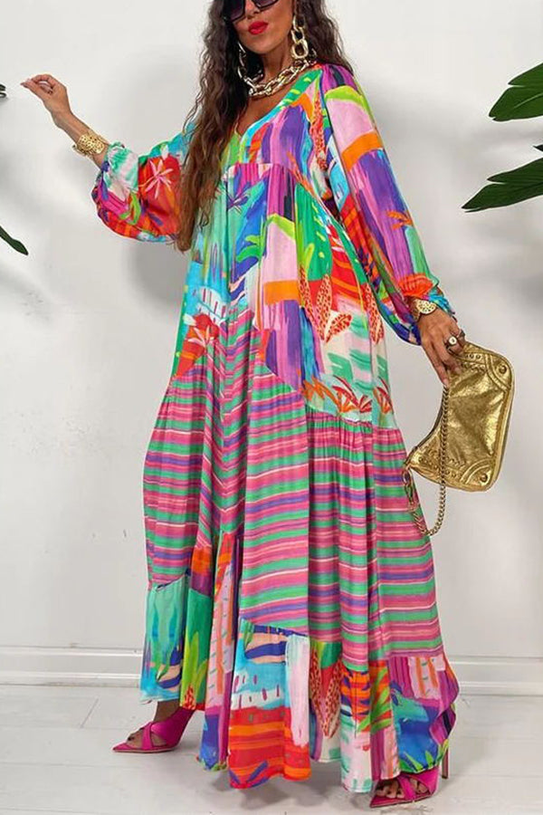 Bloom with A View Colorful Geometric Swing Maxi Dress-consonak