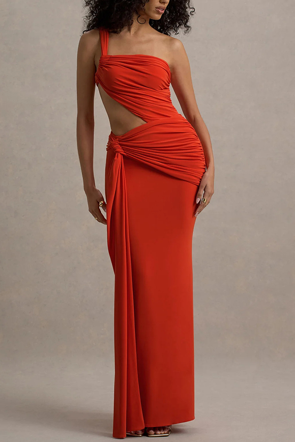 Sexy One-shoulder Backless Ribbon Pleated Slim Maxi Dress-consonak