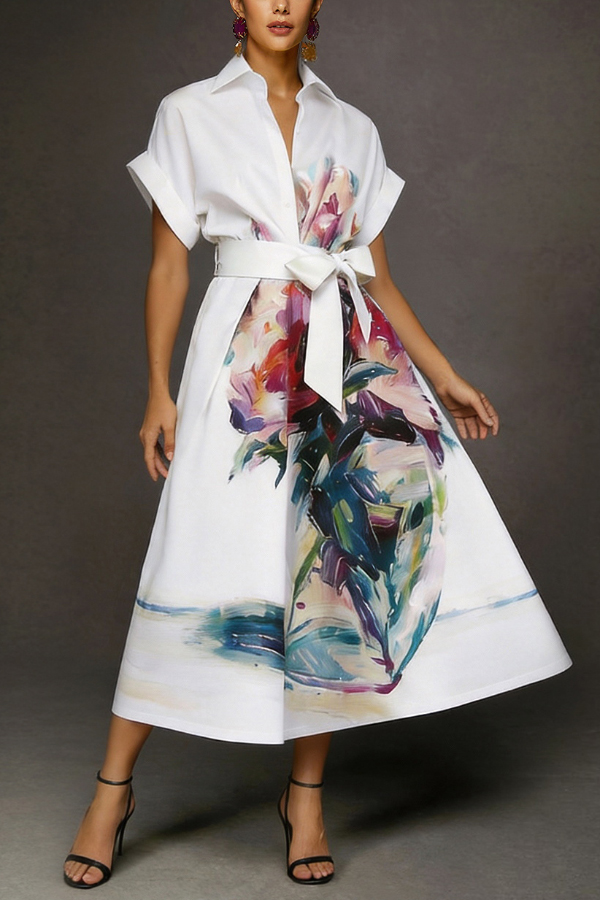 Fashionable Art Print Collared Short Sleeve Casual Pocket Midi Dress | Consonak