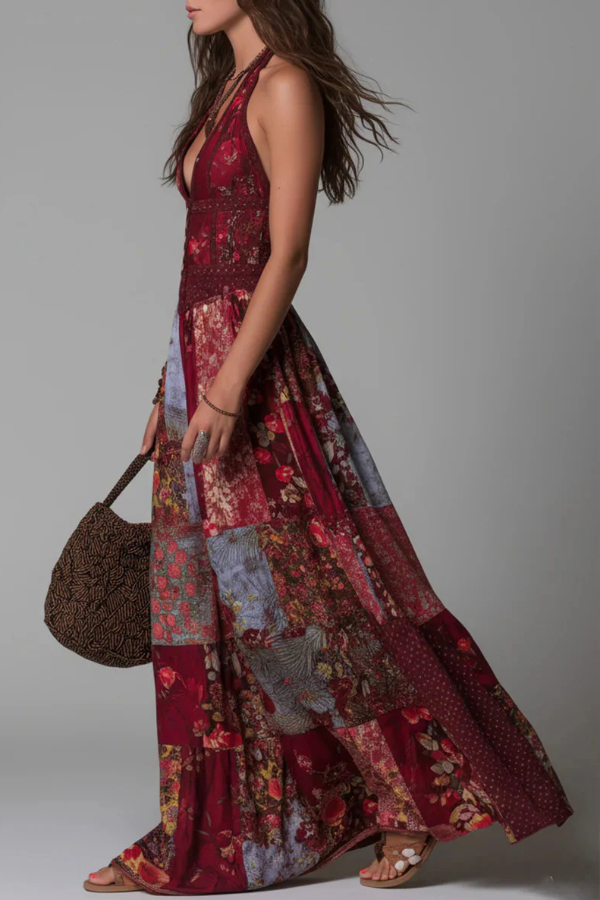 Unique Printed V-neck Sleeveless Fitted Waist Casual Maxi Dress | Consonak