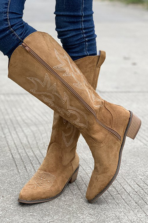 Retro Embroidered Block Heel Mid-calf Western Cowboy Martin Boots-consonak