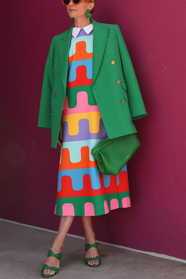 Bright Day Colorful Ripple Print Side Slit Midi Dress-consonak