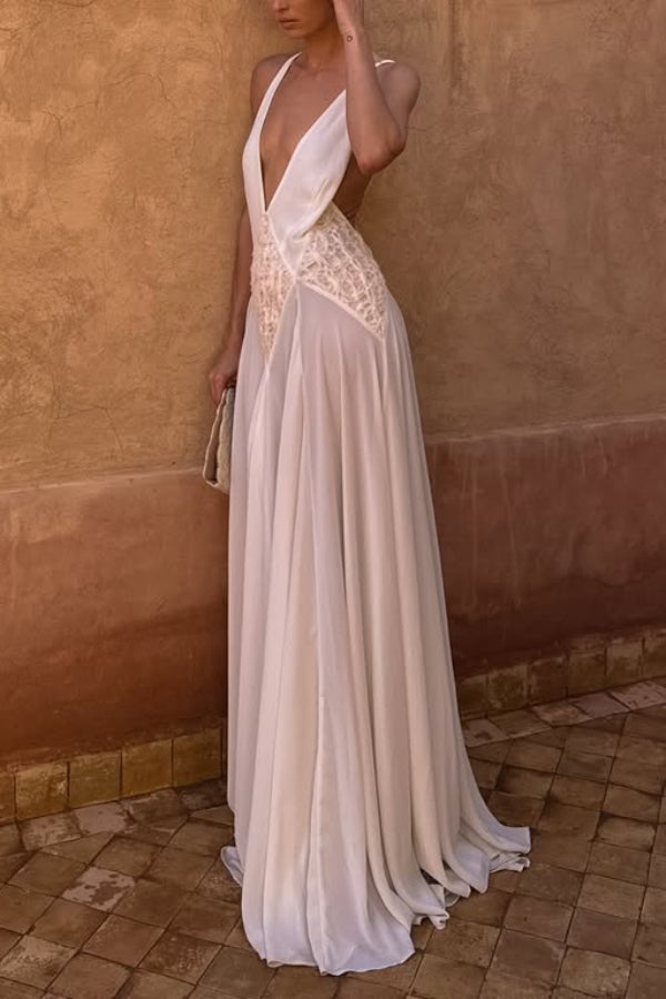 Venus By The Sea Tulle Lace Patchwork Backless Flowy Maxi Dress-consonak