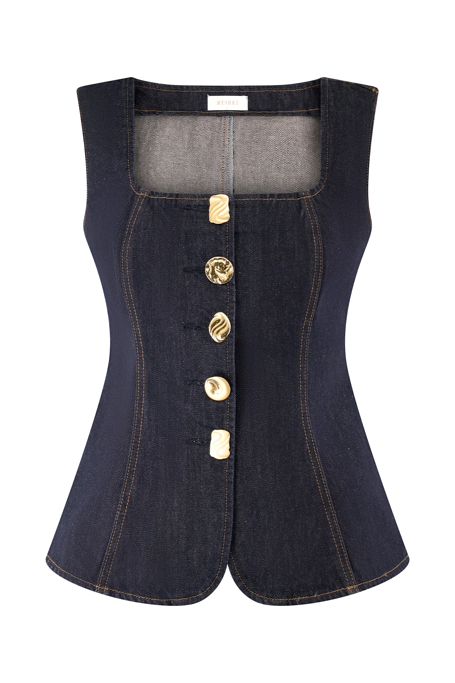 Stassi Denim Square Neck Unique Button Up Princess Seams Vest Top | Consonak